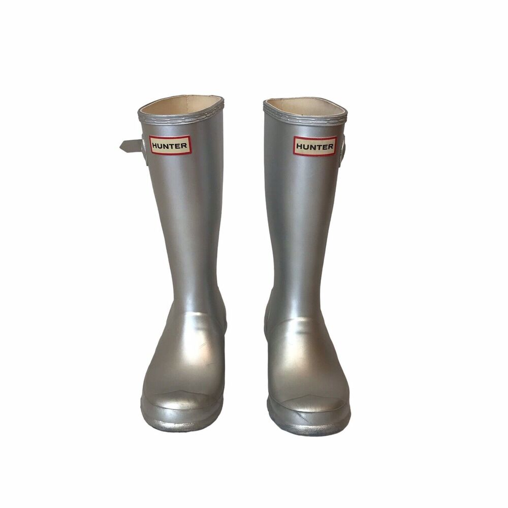 HUNTER Youth‎ Kids Silver Metallic Rubber Rain Boots Size 3 Boys, 4 Girls